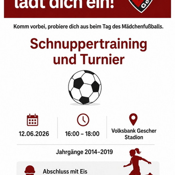 ***Tag des Mädchenfußballs - wir sind dabei***

⏰ Am 12.06. von 16:00 bis 18:00 Uhr 
📍 Volksbank Gescher Stadion
🗓️...