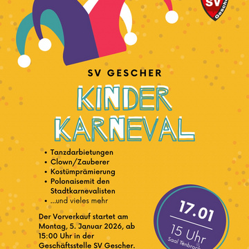 🎉🤡 Kinderkarneval beim SV Gescher 🤡🎉

Helau ihr kleinen Jecken! 🥳
Am 17.01.2026 verwandelt sich der Saal Tenbrock ab...