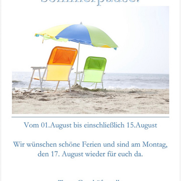 ☀️ **Sommerpause** 🏖️

Auch wir gönnen uns eine kleine Auszeit! 🌴

📅 **Vom 01. August bis einschließlich 15. August**...