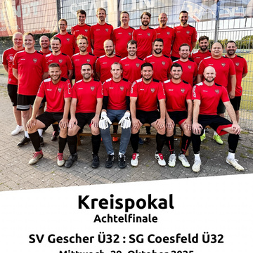 ⚽ Kreispokal-Achtelfinale steht an! 🔥
Unsere SV Gescher Ü32 trifft am Mittwoch, 29. Oktober 2025, auf die SG Coesfeld...