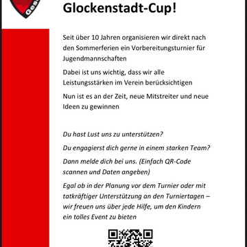 ***Das Glockenstadt-Cup-Team sucht Dich!***

Jedes Jahr, am ersten Wochenende nach den Sommerferien, veranstalten wir...